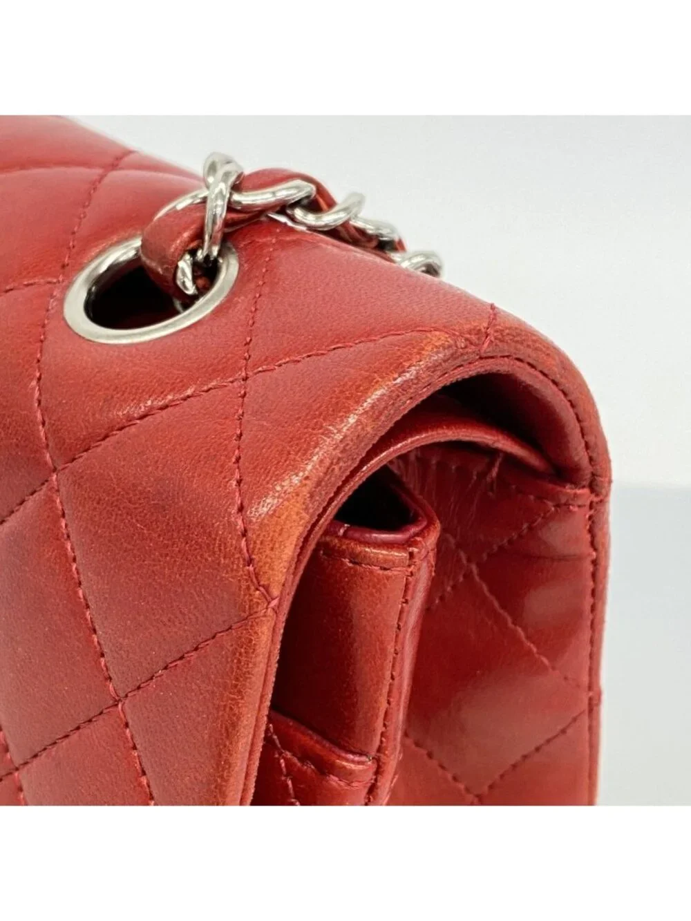 Chanel Shoulder Bag Quilted Lambskin Red Silver